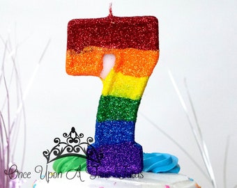 Large Rainbow Birthday Candle, Bright Rainbow Party Decor, Rainbow Party Decor, Sparkly Number Cake Topper, Keepsake Candle, Party Supplies