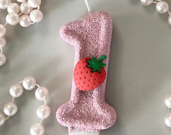 Strawberry Birthday Candle, Red Pink Party Decor, Strawberry Party Decor, Sparkly Number Cake Topper, Keepsake Candle, Party Supplies, Girls