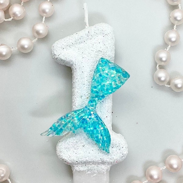 Mermaid Birthday Candle, Blue Tail Fin, Party Decor, Glitter Birthday Candle, Sparkly Number Cake Topper, Keepsake Candle, Party Supplies