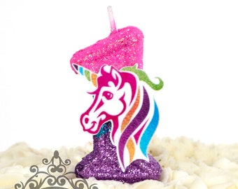 Unicorn Birthday Candle, Pink Purple Blue Party Decor, Bright Rainbow Decor, Sparkly Number Cake Topper, Keepsake Candle, Party Supplies