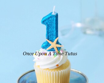 Turquoise Starfish Glitter Birthday Candle - Birthday Party Decor Supplies Photo Prop Sparkly Sparkle Cake Topper Keepsake - Standard Size