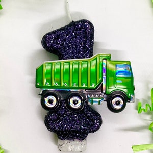 Trash Truck Birthday Candle, Green Vehicle, Kids Party Decor, One Sparkly Number Cake Topper, Keepsake Candle, Little Boys Party Supplies