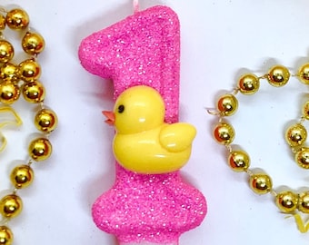 Rubber Duck Birthday Candle, Bright Pink Ducky, Girls Party Decor, One Sparkly Number Cake Topper, Keepsake Candle, Kids Party Supplies