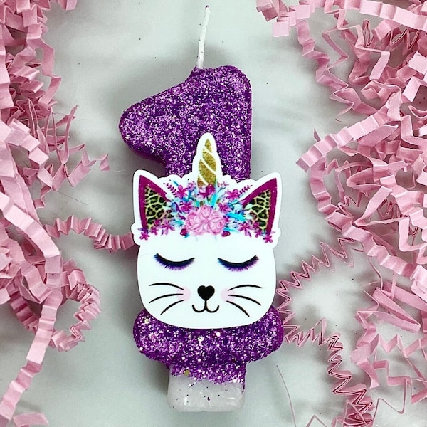 Cat Birthday Candle, Animal Party Decor, Pet Theme, Kid Glitter Birthday Candle, Sparkly Number Cake Topper, Keepsake Candle, Party Supplies