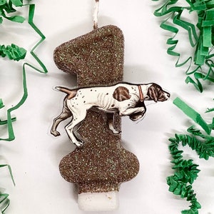 May include: A brown glitter number one birthday candle with a white and brown dog illustration on it. The candle is surrounded by green paper shreds.
