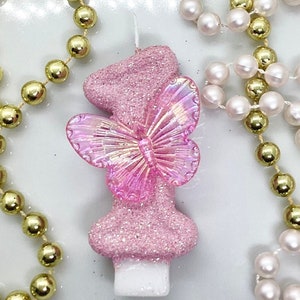 Vela de cumpleaños con brillo de mariposa, tema de insectos, decoración de fiesta de cumpleaños de insectos, rosa claro brillante, adorno de pastel brillante, primer recuerdo de cumpleaños