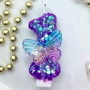 Vela de cumpleaños con brillo de mariposa, tema de insectos, decoración de fiesta de cumpleaños de insectos, mariposas brillantes, topper de pastel brillante, primer recuerdo de cumpleaños