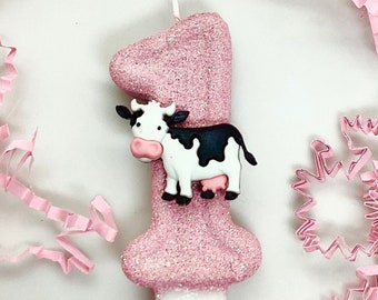 Cow Birthday Candle, Pink Party Decor, One, Farm Animal, Glitter Candle, Sparkly Number Cake Topper, Keepsake Candle, Girls Party Supplies