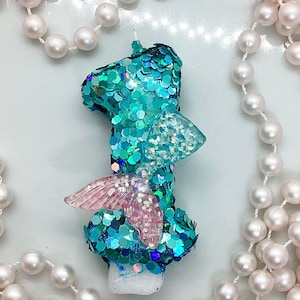 Mermaid Birthday Candle, Teal Tail Fin, Party Decor, Glitter Birthday Candle, Sparkly Number Cake Topper, Keepsake Candle, Party Supplies