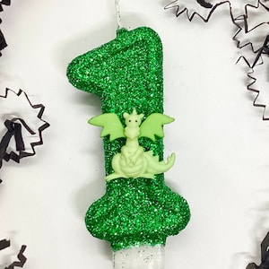 Dragon Birthday Candle, Green Dragon, Fantasy Theme Party Decor, One Sparkly Number Cake Topper, Kids Keepsake Candle, Boys Party Supplies