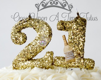 Choose Any Two Numbers - Gold Glitter Birthday Candles - Champagne Bottle Girls Party Supplies Sparkly Sparkle Number Cake Topper Keepsake