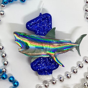 Shark Birthday Candle, Under The Sea Party Decor, Blue Glitter Candle, Sparkly Number Cake Topper, Keepsake Candle, Boys Party Supplies