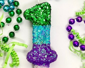 Bougie d'anniversaire vert violet bleu, décoration de fête pour filles, un, bougie d'anniversaire à paillettes, décoration de gâteau scintillante pour enfants, articles de fête souvenir