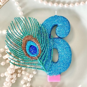 Peacock Birthday Candle, Kids Fancy Party Decor, Baby First Birthday, Sparkly Number Cake Topper, Keepsake Candle, Party Supplies, Large