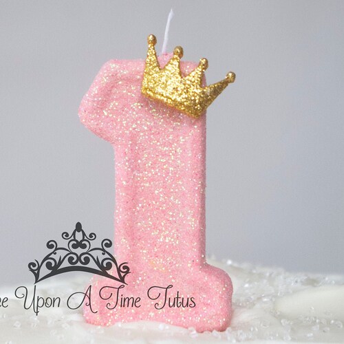 Princess Birthday Candle Pink Glitter Candle Gold Tiara Etsy