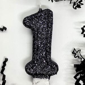 Black Birthday Candle, Fancy Party Decor, One, Custom Kids Glitter Candle, Sparkly Number Cake Topper, Keepsake Candle, Party Supplies