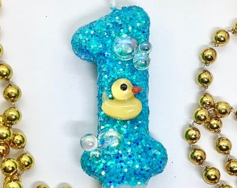 Rubber Duck Birthday Candle, Aqua Blue Bubbles, Kids Party Decor, Girls Sparkly Number Cake Topper, One Keepsake Candle, Boys Party Supplies