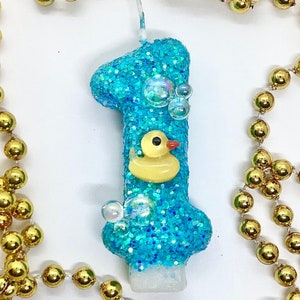 Rubber Duck Birthday Candle, Aqua Blue Bubbles, Kids Party Decor, Girls Sparkly Number Cake Topper, One Keepsake Candle, Boys Party Supplies