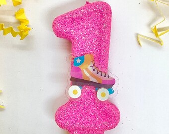 Roller Skates Birthday Candle, 90s Kids Party Decor, 80s Sparkly Number Cake Topper, One Keepsake Candle, Girls Skating Rink Party Supplies