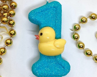 Rubber Duck Birthday Candle, Aqua Blue Ducky, Girls Party Decor, Baby Boys, One Sparkly Number Cake Topper, Keepsake Candle, Party Supplies