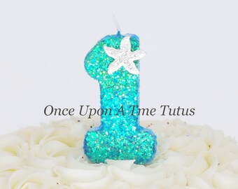 Teal Blue Starfish Glitter Birthday Candle - Birthday Party Decor Supplies Photo Prop Sparkly Sparkle Cake Topper Keepsake - Standard Size