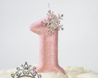 Vela de cumpleaños de copo de nieve rosa, decoración de Winter Onederland, vela de brillo blanco, adorno de pastel de número brillante, vela de recuerdo, artículos para fiestas