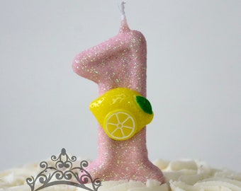 Lemon Birthday Candle, Pink Lemonade Party Decorations, One, Glitter Candle, Sparkly Number Cake Topper, Keepsake Candle, Party Supplies