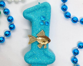 Bougie d'anniversaire poisson rouge, bocal à poissons bleu, décoration de fête sous la mer, enfants, un, décoration de gâteau scintillante avec chiffres, bougie souvenir, articles de fête