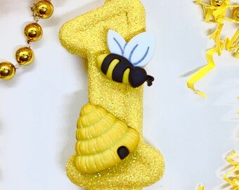 Bee Hive Birthday Candle, Kids Bumblebee Party Decorations, Sparkly Number Cake Topper, Girls Keepsake Candle, Childrens Party Supplies