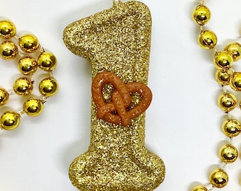 Pretzel Birthday Candle, Food Party Decor, Custom, Kids Party Theme, One Sparkly Number Cake Topper, Keepsake Candle, Boys Party Supplies