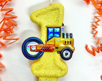 Construction Birthday Candle, Yellow Work Vehicle, Kids Party Decor, One Sparkly Number Cake Topper, Keepsake Candle, Boys Party Supplies