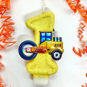 Construction Birthday Candle, Yellow Work Vehicle, Kids Party Decor, One Sparkly Number Cake Topper, Keepsake Candle, Boys Party Supplies