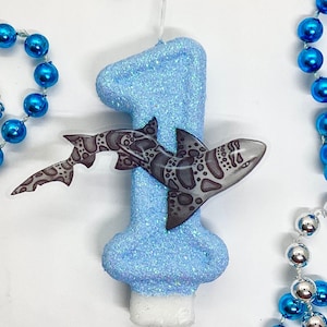 Shark Birthday Candle, Under The Sea Party Decor, Blue Glitter Candle, Sparkly Number Cake Topper, Keepsake Candle, Boys Party Supplies
