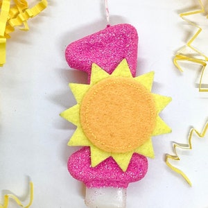 Vela de aniversário de sol, decoração de festa rosa brilhante, decoração de festa de sol para bebês meninas, topper de bolo com número brilhante, vela de lembrança, suprimentos de festa