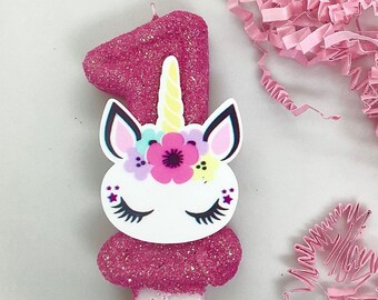 Unicorn Birthday Candle, Girls Hot Pink Party Decor, Bright Rainbow Party Decor, Sparkly Number Cake Topper, Keepsake Candle, Party Supplies