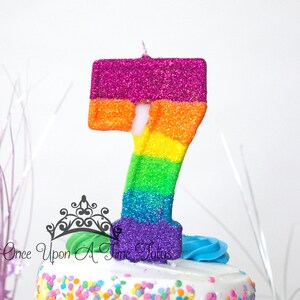 Large Rainbow Birthday Candle, Bright Rainbow Party Decor, Unicorn Party Decor, Sparkly Number Cake Topper, Keepsake Candle, Party Supplies