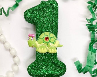 Turtle Birthday Candle, Green Animal Party Decor, Glitter Birthday Candle, Sparkly Number Cake Topper, Keepsake Candle, Boys Party Supplies