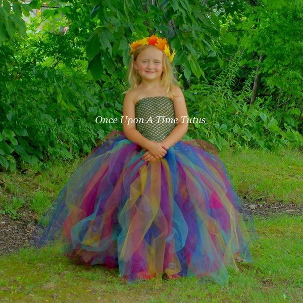 Mother Nature Dress, Girls Autumn Tutu Dress, Olive Hunter Green, Kids Halloween Costume, Long Floor Length, Woodland Fairy, Tulle Gown