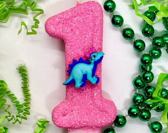 Dinosaur Birthday Candle, Hot Pink Party Decor, Baby Girls Dino Party Decor, Sparkly Number Cake Topper, Keepsake Candle, Party Supplies