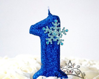 Blue Snowflake Birthday Candle, Winter Onederland Decor, Kids Glitter Candle, Sparkly Number Cake Topper, Keepsake Candle, Party Supplies