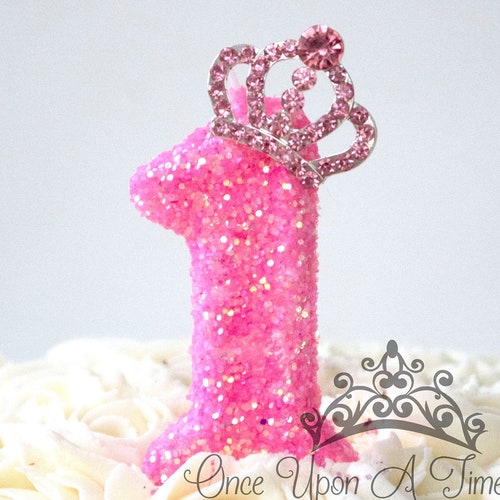 Princess Birthday Candle Pink Glitter Candle Gold Tiara Etsy