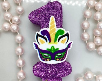 Mardi Gras Birthday Candle, Unicorn Mask Decor, Purple Green Gold Glitter, Sparkly Number Cake Topper, Girls Keepsake Candle, Party Supplies