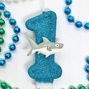 Shark Birthday Candle, Under The Sea Party Decor, Bright Blue Glitter, Sparkly Number Cake Topper, One Keepsake Candle, Boys Party Supplies