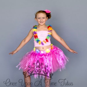 Hawaiian Luau Tutu, Hula Grass Skirt, Pink Tutu Set, Pool Party Birthday Outfit, Halloween Costume, Kids Costume, Little Girls Polynesian
