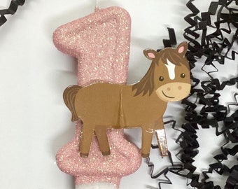 Horse Birthday Candle, Farm Animal Party Decor, 1st Birthday Party Decor, Kids Sparkly Number Cake Topper, Keepsake Candle, Party Supplies