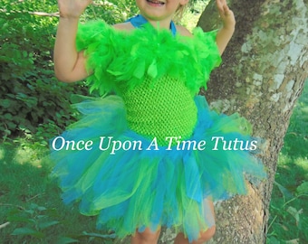 Blue Green Bird Costume, Bird Feather Dress, Halloween Costume, Kids Parrot Costume, Baby Girl Tutu Dress, Toddler Costume, Parakeet Costume