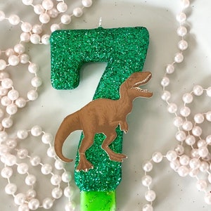 Dinosaur Birthday Candle, Kids Dino Party Decor, Boys Birthday, T-Rex Sparkly Number Cake Topper, Large Keepsake Candle, Party Supplies