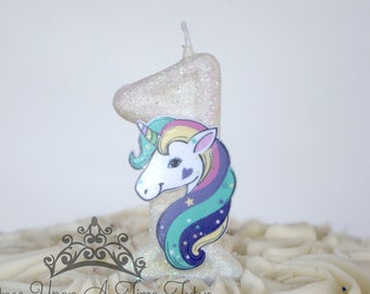 Unicorn Birthday Candle, White Party Decor, Pastel Rainbow Party Decor, Sparkly Number Cake Topper, Keepsake Candle, Party Supplies