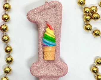 Ice Cream Birthday Candle, Rainbow Swirl Treats Party Decor, Girls Glitter Sparkly Number Cake Topper, Keepsake Candle, Kids Party Supplies