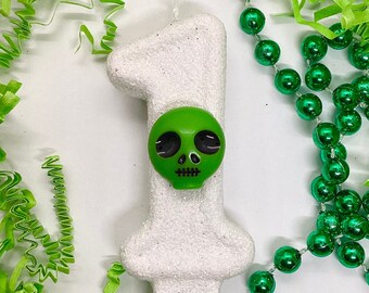 Bougie d'anniversaire extraterrestre verte, décoration de fête martienne, bougie d'anniversaire sur le thème des garçons, décoration de gâteau scintillante avec chiffres, bougie souvenir, articles de fête